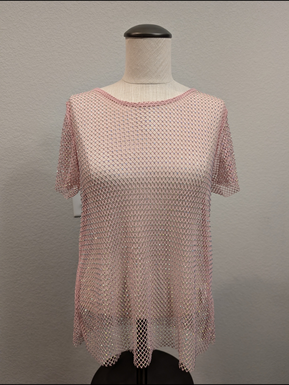 NWT Rachel Zoe Sz M Blush Pink Metallic Mesh Tee Rockability with Rhinestones